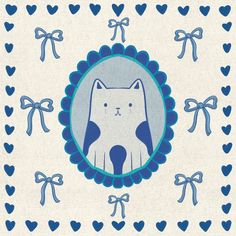 a blue and white cat with hearts around it's neck in a circle frame