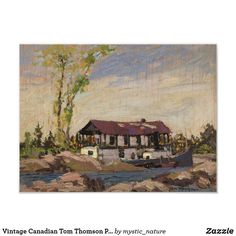 an oil painting of a house by the water