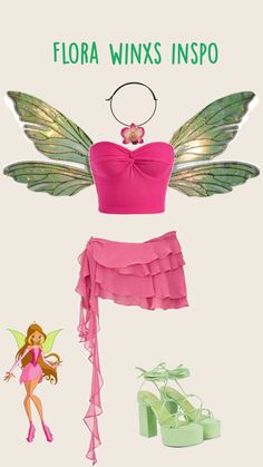 a pink top and skirt with wings on the bottom, green heels and a pair of high - heeled sandals