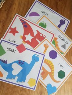 four different pictures of dinosaurs and shapes on the floor with words cut out from them