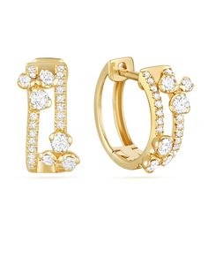 14k yellow gold huggie earrings, each with two rows of diamonds, accented with clusters of diamonds, totaling 0.34 carats. 🌈 Shop more hoop earrings here ✈️ Choose free shipping at checkout ☎️ Call 201-722-0216 with questions 💭 Chat with us live! Bottom right corner of your screen Luxury Diamond Huggie Earrings As Gift, Luxury Diamond Huggie Earrings With Diamond Accents, Luxury Huggie Earrings With Halo Design For Anniversary, Luxury Gold Huggie Earrings With Gemstones, Luxury Gold Huggie Earrings With Sparkling Stones, Elegant Luxury Huggie Earrings With Prong Setting, Luxury Rose Gold Diamond Cut Huggie Earrings, Luxury Delicate Yellow Gold Earrings, Luxury Dangle Huggie Earrings For Anniversary