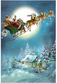 santa's sleigh flying over the snow covered forest with his reindeers