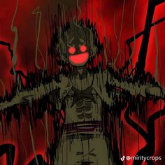 an anime character with red eyes standing in front of a black and red background that looks like blood