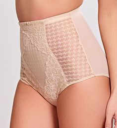 This high-waist shaper mixes feminine and masculine with overlapping stretch floral lace on a houndstooth patterned center front panel. Rear is sheer, sexy stretch mesh to shape you. Sewn-on elastic waistband has silicone gripper elastic for stay-put fit. Center front panel is lined with power net for light control. Sewn-on elastic along leg openings for a custom fit. High rise. Moderate, cheeky rear coverage. Sewn-in cotton crotch for comfort. Rear is power mesh, with elasticized vertical seam Feminine And Masculine, Panty Girdle, Waist Shapers, Amazing Woman, Houndstooth Pattern, Light Control, Vintage Lingerie, Shapewear, Custom Fit