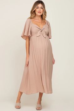 Mocha Front Tie Ruffle Sleeve Maternity Midi Dress – PinkBlush Baby Shower Dress, Maternity Midi Dress, Pink Blush Maternity, Lined Skirt, Ruffle Sleeves, Maternity Clothes, Empire Waist, Mocha, Blush Pink