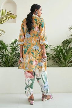 Shop for Sage Saga Yellow Chanderi Freesia Floral Print Tunic Tulip Salwar Set for Women Online at Aza Fashions Tulip Salwar, Yellow Anarkali, Floral Print Tunic, Palazzo Set, Cotton Tunic, Thread Embroidery, Fashion App, Print Tunic, Set For Women