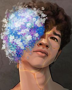 a digital painting of a man with flowers on his head and the image is in color