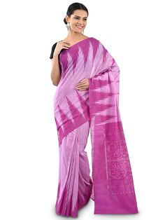 Presenting this elegant and classy Saree exclusively from Craftnirmit. Made from luxurious fine cotton, the sari is woven within the traditional Ikat Orissa weavers by hand that give the exotic look to saree. And this saree comes with geometric Pattern. It is furthered designed with a contrast striped Pallu and temple border that give the vibrant and classic traditional look. Purple Cotton Silk Handloom Saree, Purple Handloom Cotton Silk Saree, Purple Handloom Cotton Silk Traditional Wear, Cotton Saree With Weaving Work For Wedding, Cotton Wedding Saree With Weaving Work, Wedding Cotton Saree With Weaving Work, Wedding Cotton Pre-draped Saree With Zari Weaving, Purple Cotton Saree With Zari Work, Transitional Cotton Saree With Self Design