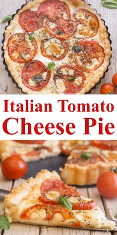 an italian tomato cheese pie on a wooden table with tomatoes and basil in the background