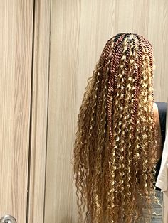 Honey Brown Island Twist With Curls, Blond And Ginger Braids, Ginger Island Twist, Long Island Twist, Boho Curls, Island Twist, Brown Curls, Blonde Curls, White Highlights