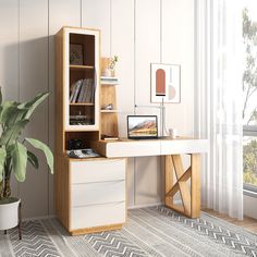 a white desk with a book shelf next to it and a potted plant on the side