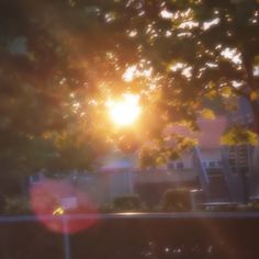 the sun shines brightly through some trees in front of a house on a sunny day