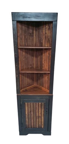 a wooden bookcase with two shelves on the front and one shelf in the back