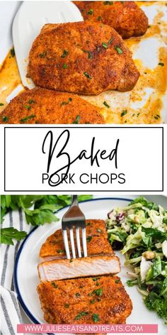 baked pork chops on a white plate with a fork and salad in the background