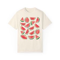 Get ready to add a pop of fruity fun to your wardrobe with our adorable Cute Watermelon Comfort Colors T-shirt! 🍉 Perfect for those sunny summer days, this Comfort Colors tee is so cozy you'll never want to take it off. Whether you love cottagecore vibes or love a good slice of watermelon, this shirt will surely be a hit! 🍉💕 The shirt print features cute watercolor watermelon slices. Makes a great Gift For Her or a fun treat for yourself! Enjoy your summer in our adorable shirt - at the picni Fun Multicolor T-shirt For Summer, Pink Fruit Print Tops For Summer, Summer Strawberry Print Short Sleeve Tops, Summer Fruit Print Tops For Beach, Summer Beach Tops With Fruit Print, Cute Multicolor T-shirt For Vacation, Summer Strawberry Print Tops For The Beach, Short Sleeve Beach Tops With Fruit Print, Fun Pink Summer T-shirt