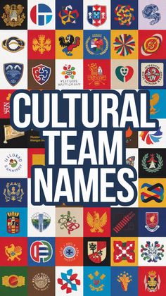 the book cover for cultural team names, with many different colors and logos on it