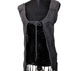 Rebellion Again Crochet Womens Fringe Vest Wear This Vest For A Retro Boho Look Or Go For A Gothic Look With It. Size: Small Color: Black Crochet Vest Tie Front Sleeveless Fringe Bottom New W/Tags Black Crochet Vest, Crochet Fringe Vest, Black Boho Style, Striped Off Shoulder Top, Velvet Tank Top, Fringe Vest, Crochet Fringe, Vest And Tie, Black Boho