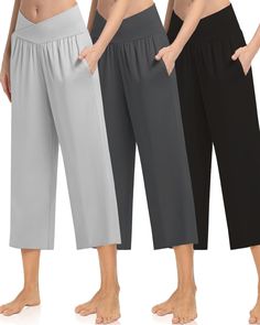 PRICES MAY VARY. MATERIAL:CAPRI PANTS FOR WOMEN STRETCH,made of polyester and spandex, like buttery soft & cozy touch for our skin friendly, 4-ways stretch, lightweight, casual summer yoga ladies capri pants REFINED QUALITY:3 Pack Women's Pants Casual Capri Pants,This palazzo Capris pants made from 90% Polyester, 10% Spande. Lightweight, soft fabric, breathable but non see-through FEATURE:CAPRI PAJAMA PANTS FOR WOMEN SOFT,slim fitted stretchy cross wrap waist & loose flowy bottom cut capris for Loosely Fitted Capris With Elastic Waistband, Yoga Capris With Pockets, Yoga Capri Pants With Pockets, Ankle-length Capris With Pockets For Loungewear, Loungewear Capris With Pockets, Cropped Leg, Loungewear Cropped Leg Capris With Pockets, Solid Wide Leg Capris For Loungewear, Loosely Fitted Capris With Elastic Waistband For Loungewear, Loosely Fitted Loungewear Capris