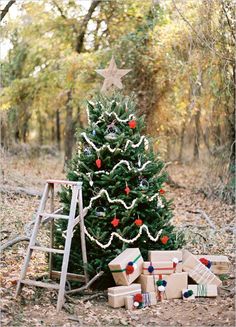 a small christmas tree with presents under it in the middle of a wooded area next to a ladder