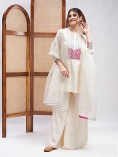 Off-White Cotton Mulmul Kurta Set with Dupatta at Kamakhyaa by RoohbyRidhimaa. This item is Casual Wear Mulmul Kurta, Kurta Set With Dupatta, Dupatta Style, Kurta Set For Women, Ethnic Chic, Kurta Design, White Kurta, Casual Indian Fashion, Indian Suits