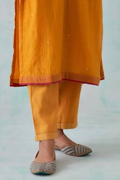 Mustard yellow chanderi kurta with sequin and thread embroidery. Paired with a cotton pant and chanderi dupatta. - Aza Fashions Festive Designer Chanderi Bottoms, Yellow Chanderi Kurta With Mirror Work, Yellow Straight Kurta With Dori Work, Traditional Pants With Gota Work For Diwali, Traditional Bottoms With Dupatta For Summer, Festive Designer Bottoms With Gota Work, Chanderi Bottoms With Zari Work For Eid, Eid Straight Kurta Bottoms With Zari Work, Eid Straight Kurta With Zari Work