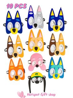 a group of cat masks with different colors and shapes on it's faces, including one