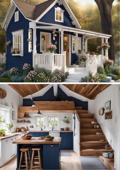 two pictures side by side with the same house in different colors and styles, one is blue