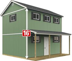 a green two story house with a red sign in front of it that says 16