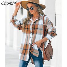 churchf Autumn Blouses, Boho Plaid, Boho Coat, Bohemian Style Clothing, Woman Casual, Fall Blouse, Boho Style Outfits, Long Sleeve Plaid Shirt, Brown Plaid