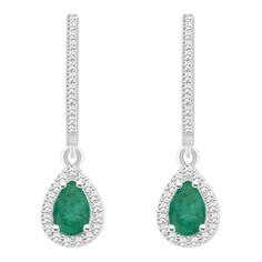 6x4mm pear shape emerald 1/3 ctw diamond rhodium over sterling silver halo dangle earrings. Measures approximately 1.00" L x 0.26" W and have hinge with notched post backings. Fine Jewelry With Halo Setting In Dangle Shape, Fine Jewelry With Halo Setting Dangle, White Gold Drop Earrings For May Birthstone, Fine Jewelry With Halo Setting And Drop Shape, Teardrop Diamond Jewelry For May Birthstone, Fine Jewelry With Halo Setting In Drop Shape, Fine Jewelry Teardrop Earrings With Diamond Accents, Fine Jewelry Teardrop With Halo Setting, Fine Jewelry With Halo Setting In Teardrop Shape