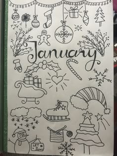 a notebook with the words january written on it and doodled christmas decorations around it