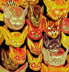 a group of cats with fangs on their faces and mouths, all in different colors