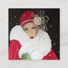 a painting of a woman wearing a santa claus outfit and holding a green mitt