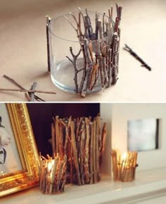 several different pictures of candles and branches in glass vases