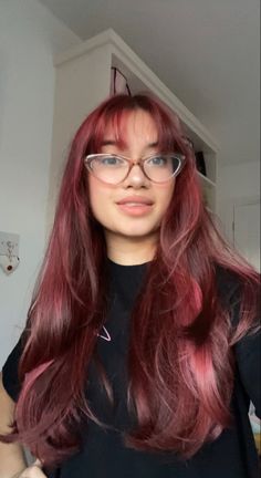 Cherry Red Hair With Long Layers, Layered Long Red Hair, Fringe Bangs Red Hair, Dark Red Hair With Wispy Bangs, Long Burgundy Hair With Bangs, Brown Hair Dyed Red No Bleach, Long Dark Red Hair With Bangs, Maroon Hair With Bangs, Wine Red Hair With Highlights