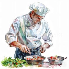 a painting of a chef preparing food on top of a table next to a bowl