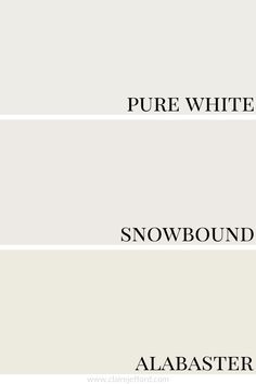 four different shades of white paint with the words, pure white and snowbound in black