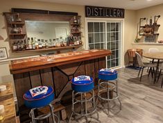 a bar with four stools in front of it