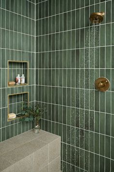 shower with floor to ceiling green tile and concrete seat Master Bath Shower Tile Green, Zellige Bathroom, Green Shower Tile, Green Tile Bathroom, Floor Renovation, Loft Kitchen, Primary Bath, Primary Bathroom, Shower Niche