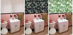 three pictures of a bathroom with pink tile and green wallpaper, one showing the toilet and sink