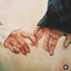 an oil painting of two hands touching each other