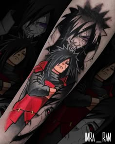 an arm tattoo with the character naruta and his friends in black and red