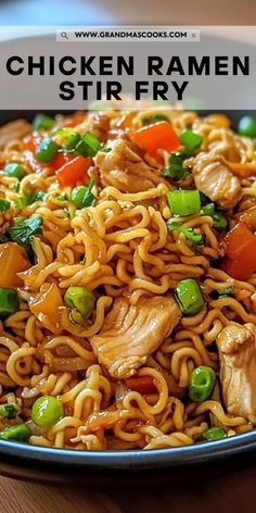 chicken ramen stir fry in a blue bowl