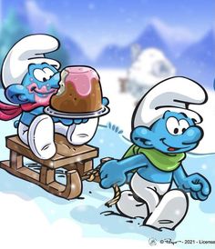 an image of smurf and cookie on sled in the snow with cake