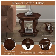 round coffee table with carved wood top and antique craft carving on the bottom, surrounded by other details