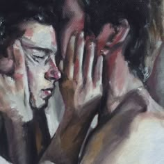 a painting of two people holding their hands up to their faces and looking into each other's eyes