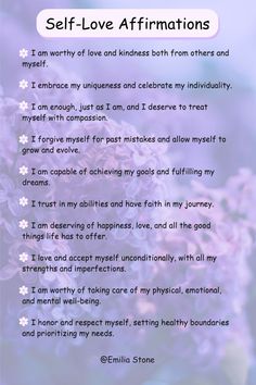 a poem written in purple flowers with the words self love affirmations on it