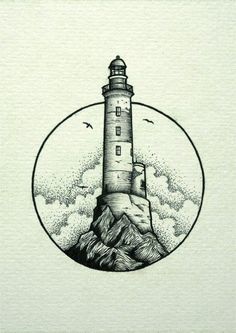 a drawing of a lighthouse with mountains in the background