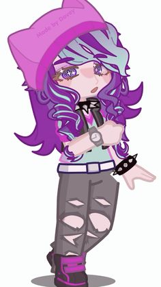 a drawing of a girl with purple hair wearing a pink hat and holding a microphone