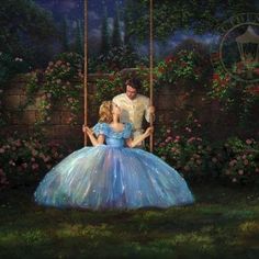 a painting of a man sitting on a swing with a woman in a blue dress